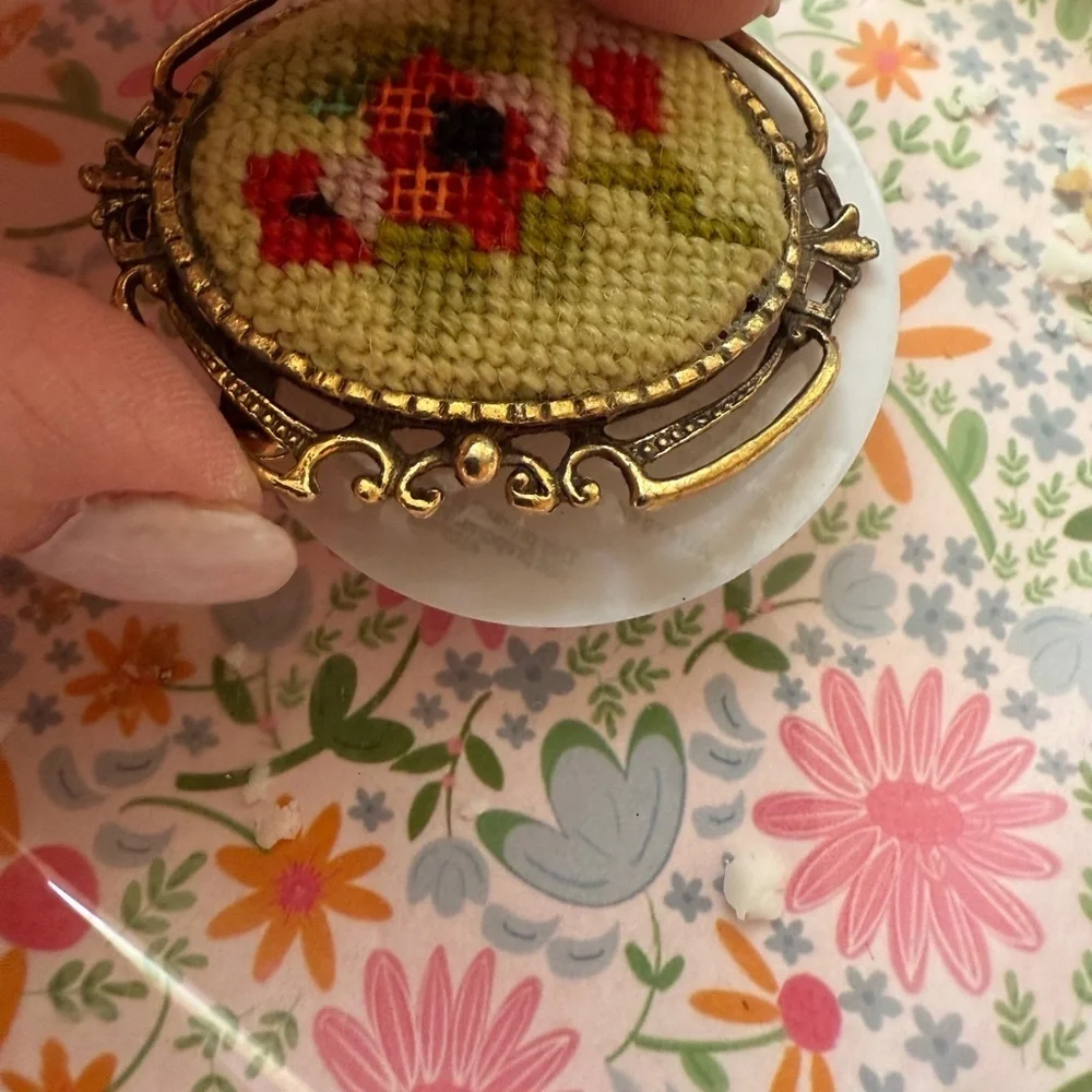 Vintage 1970’s Floral Needlepoint Brooch or Pendant with Gold Frame